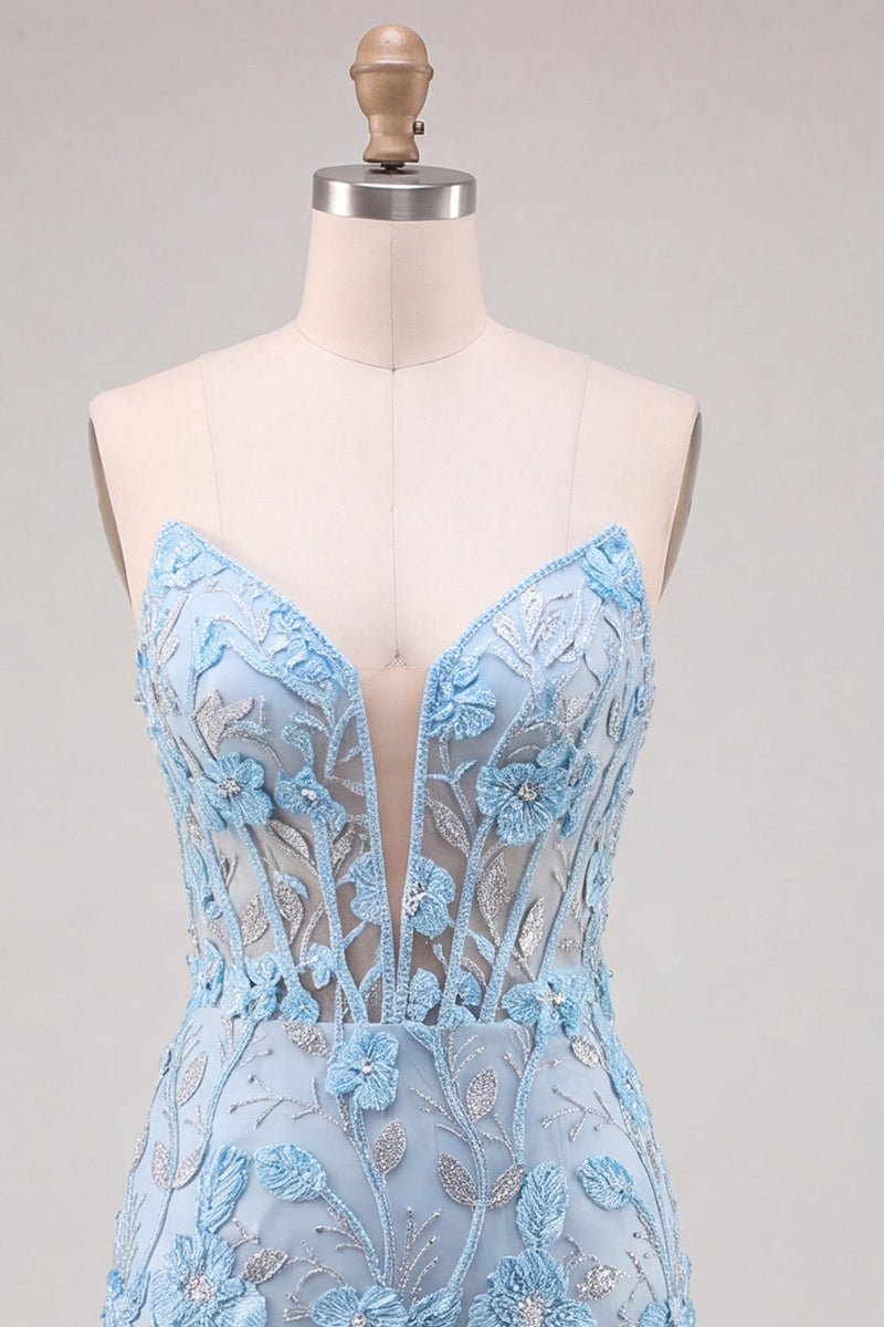 Laden Sie das Bild in den Galerie-Viewer, Himmelblaues Sweetheart-Korsett, blumig-applikiertes enges Homecoming-Kleid mit Schlitz
