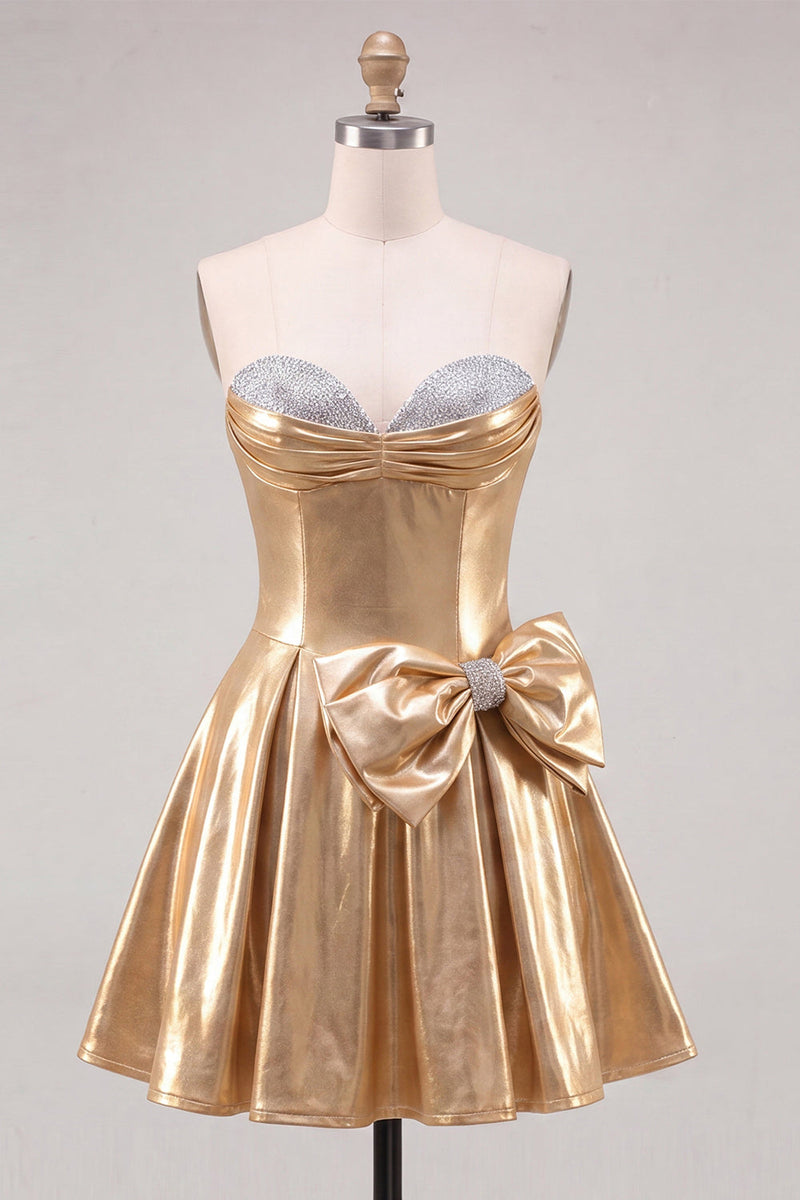Laden Sie das Bild in den Galerie-Viewer, Goldenes metallisches Sweetheart A-Line-Homecoming-Kleid mit Schleife