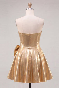 Goldenes Metallisches Sweetheart A-Linie Kurzes Abendkleid mit Schleife
