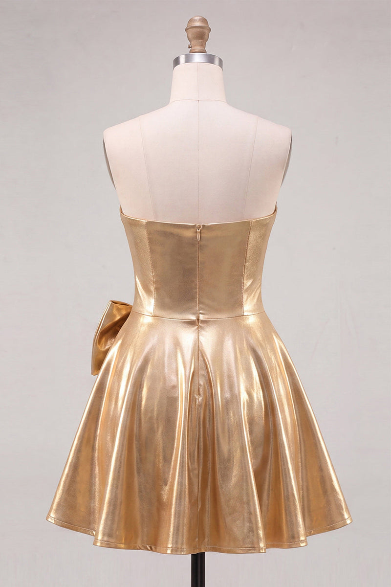 Laden Sie das Bild in den Galerie-Viewer, Goldenes metallisches Sweetheart A-Line-Homecoming-Kleid mit Schleife