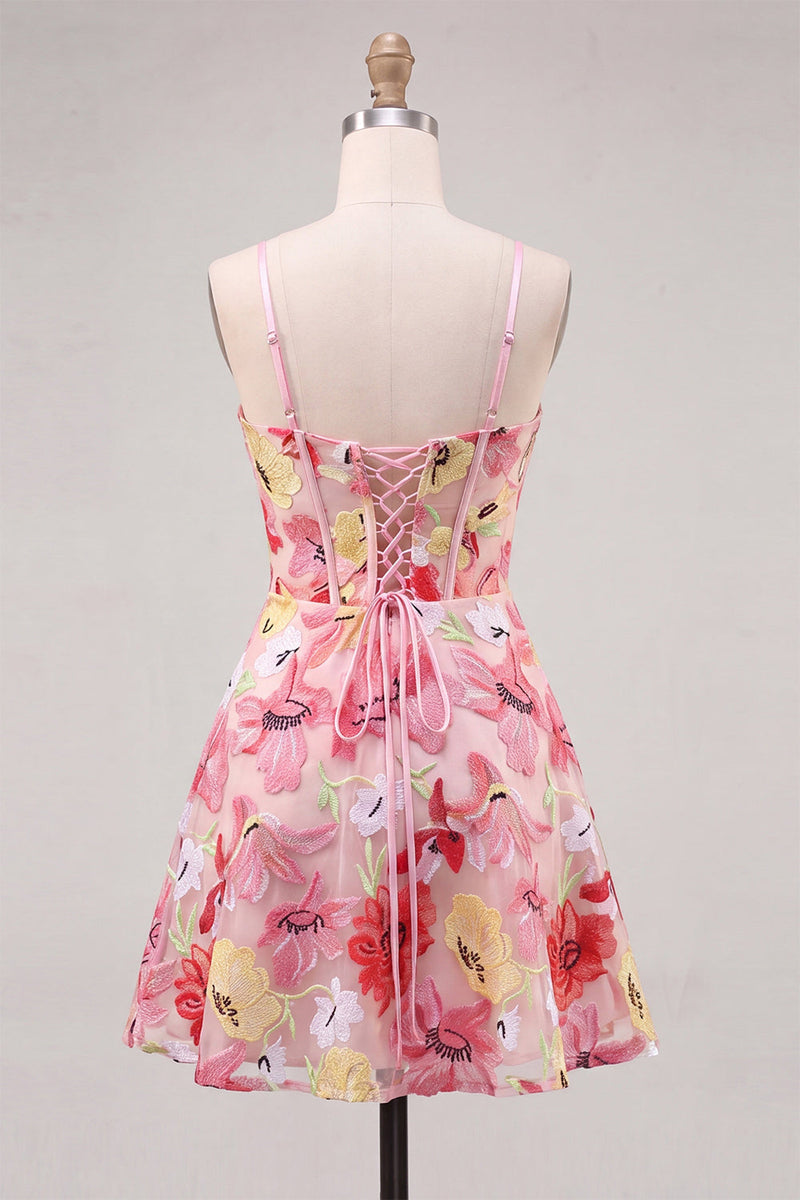 Laden Sie das Bild in den Galerie-Viewer, Pinkes Blumenkorsett A-Linie Spaghetti-Träger mit Schnürung Backcoming-Kleid mit Schleife
