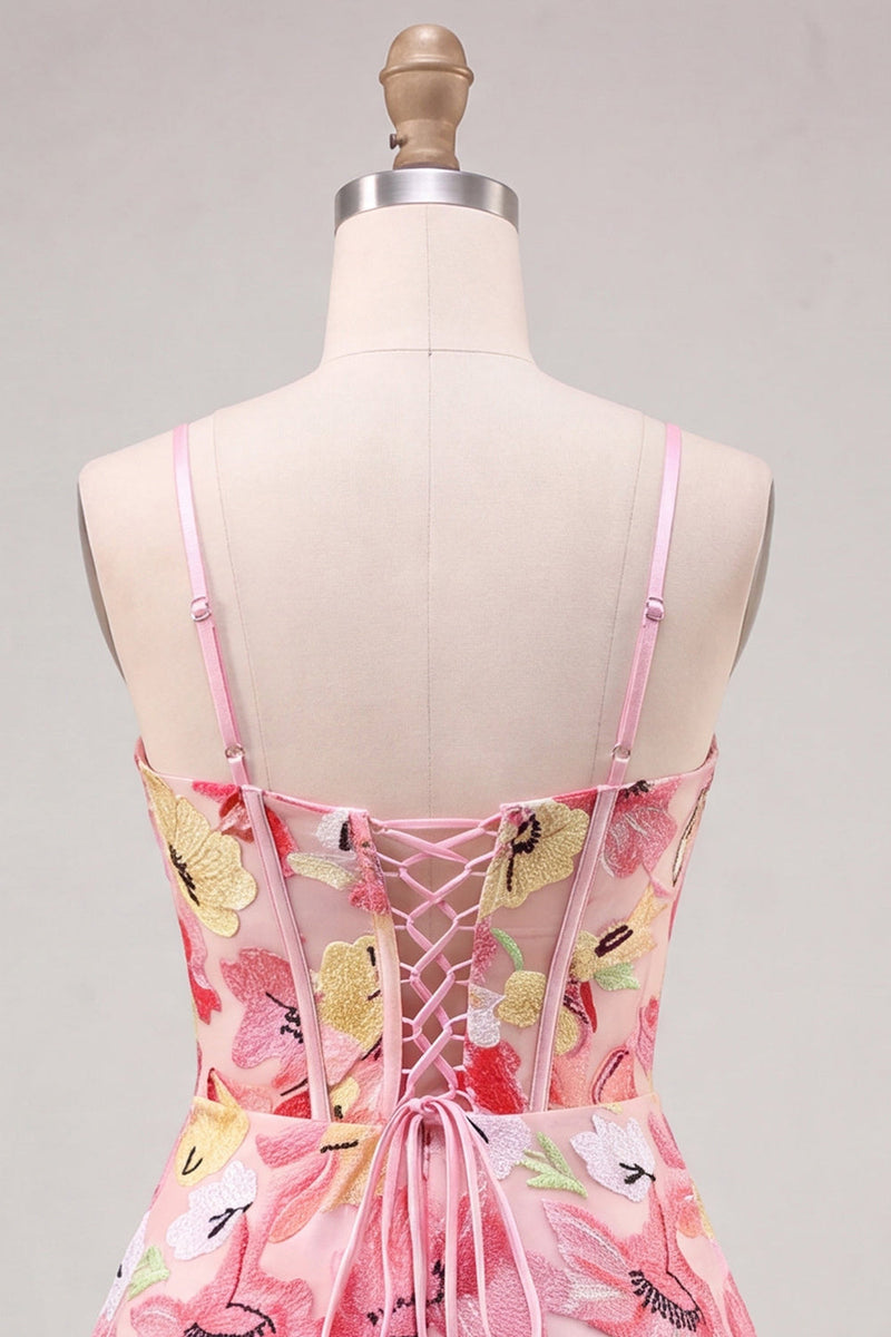 Laden Sie das Bild in den Galerie-Viewer, Pinkes Blumenkorsett A-Linie Spaghetti-Träger mit Schnürung Backcoming-Kleid mit Schleife
