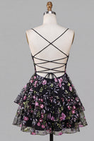 Laden Sie das Bild in den Galerie-Viewer, A-Line schwarzes Spaghetti-Träger mit gestuftem Blumen-Spitzen-Back-Homecoming-Kleid mit Pailletten