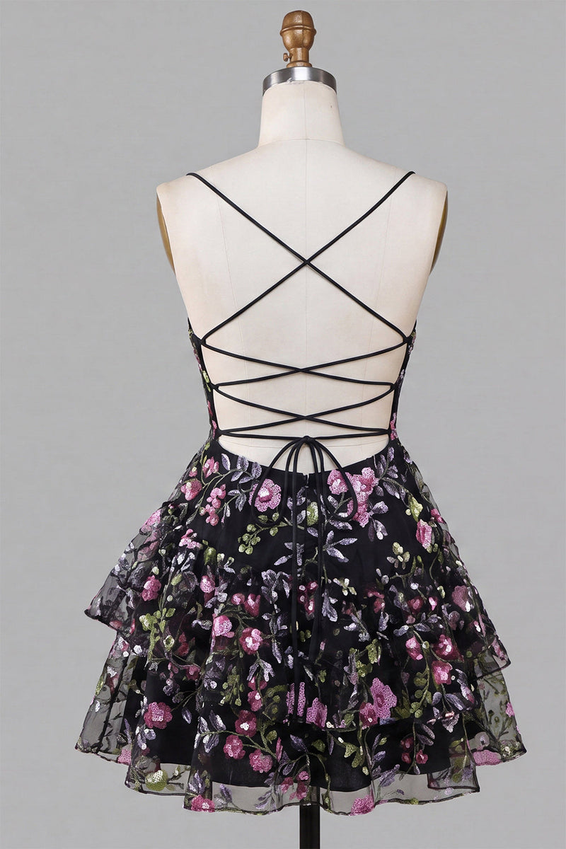 Laden Sie das Bild in den Galerie-Viewer, A-Line schwarzes Spaghetti-Träger mit gestuftem Blumen-Spitzen-Back-Homecoming-Kleid mit Pailletten