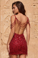 Laden Sie das Bild in den Galerie-Viewer, Cold Shoulder dunkelgrüne Pailletten Bodycon Kurzes Homecoming-Kleid mit Fransen