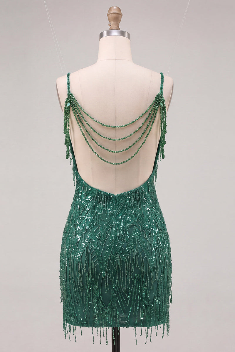 Laden Sie das Bild in den Galerie-Viewer, Cold Shoulder dunkelgrüne Pailletten Bodycon Kurzes Homecoming-Kleid mit Fransen