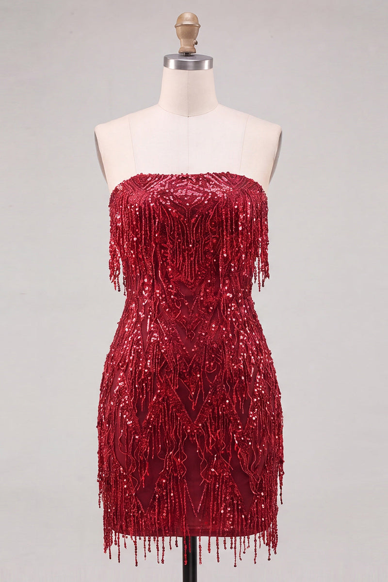 Laden Sie das Bild in den Galerie-Viewer, Trägerloses, burgunderrotes Bodycon mit Fransen und kurzem Homecoming-Kleid mit Pailletten