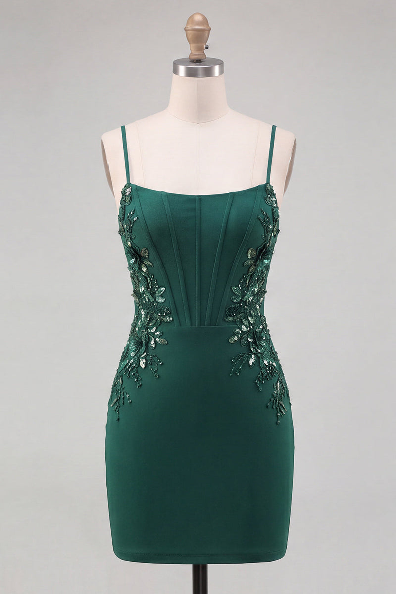 Laden Sie das Bild in den Galerie-Viewer, Dunkelgrünes Korsett, Bodycon Spaghettiträger, blumiges kurzes Homecoming-Kleid mit Schnürung hinten