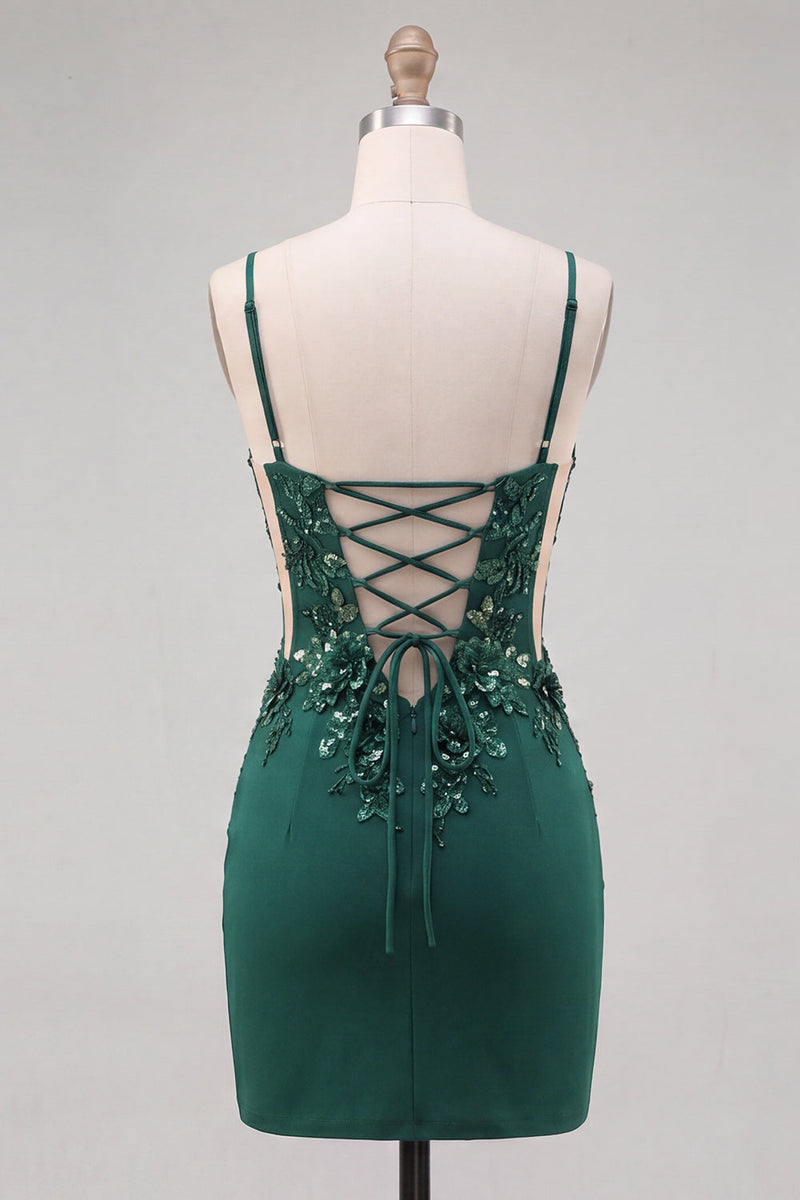 Laden Sie das Bild in den Galerie-Viewer, Dunkelgrünes Korsett, Bodycon Spaghettiträger, blumiges kurzes Homecoming-Kleid mit Schnürung hinten