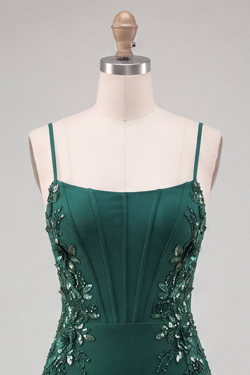 Laden Sie das Bild in den Galerie-Viewer, Dunkelgrünes Korsett, Bodycon Spaghettiträger, blumiges kurzes Homecoming-Kleid mit Schnürung hinten