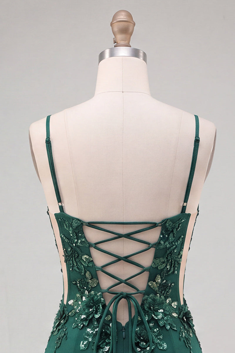 Laden Sie das Bild in den Galerie-Viewer, Dunkelgrünes Korsett, Bodycon Spaghettiträger, blumiges kurzes Homecoming-Kleid mit Schnürung hinten