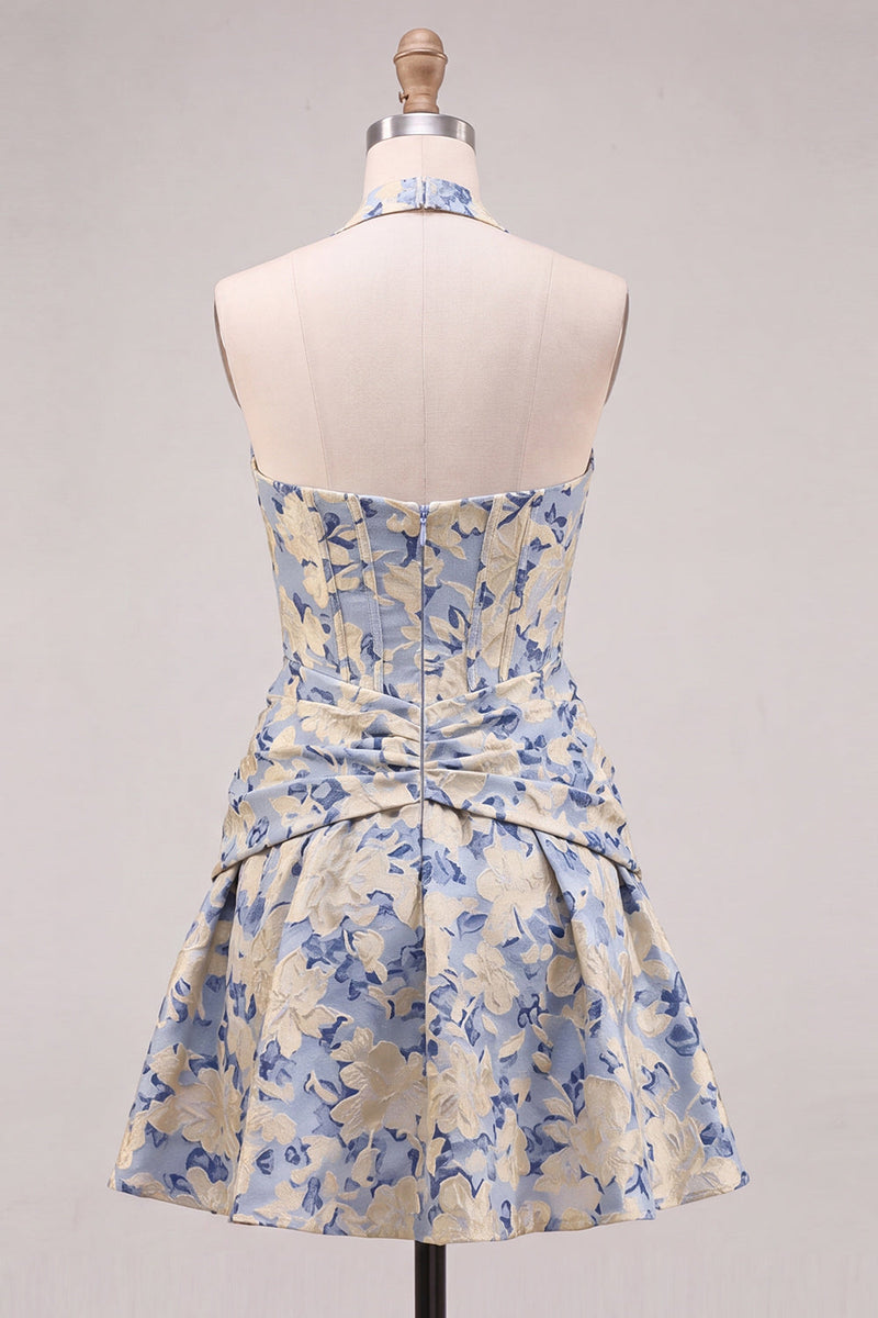 Laden Sie das Bild in den Galerie-Viewer, Hellblaues A-Linien-Neckholderhals-Jacquard-Korsett-Heimkehrkleid