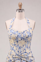 Laden Sie das Bild in den Galerie-Viewer, Hellblaues A-Linien-Neckholderhals-Jacquard-Korsett-Heimkehrkleid