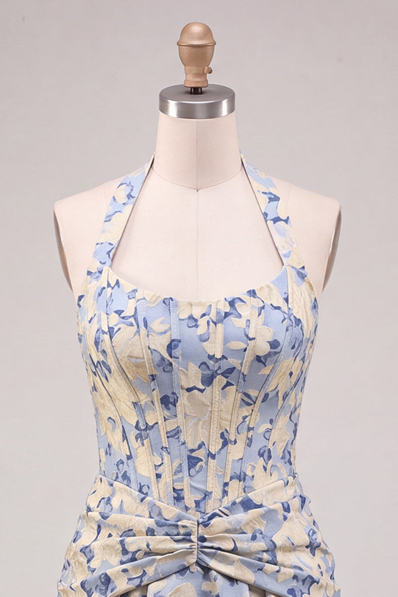 Laden Sie das Bild in den Galerie-Viewer, Hellblaues A-Linien-Neckholderhals-Jacquard-Korsett-Heimkehrkleid