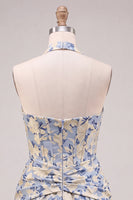 Laden Sie das Bild in den Galerie-Viewer, Hellblaues A-Linien-Neckholderhals-Jacquard-Korsett-Heimkehrkleid
