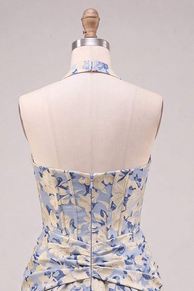 Laden Sie das Bild in den Galerie-Viewer, Hellblaues A-Linien-Neckholderhals-Jacquard-Korsett-Heimkehrkleid