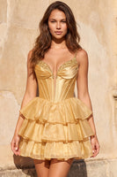 Laden Sie das Bild in den Galerie-Viewer, A-Linie goldenes Korsett, gestuftes, perlenbesetztes Homecoming-Kleid mit Schnürung hinten