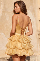 Laden Sie das Bild in den Galerie-Viewer, A-Linie goldenes Korsett, gestuftes, perlenbesetztes Homecoming-Kleid mit Schnürung hinten