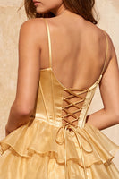 Laden Sie das Bild in den Galerie-Viewer, A-Linie goldenes Korsett, gestuftes, perlenbesetztes Homecoming-Kleid mit Schnürung hinten