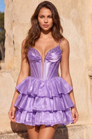 Laden Sie das Bild in den Galerie-Viewer, A-Linie goldenes Korsett, gestuftes, perlenbesetztes Homecoming-Kleid mit Schnürung hinten