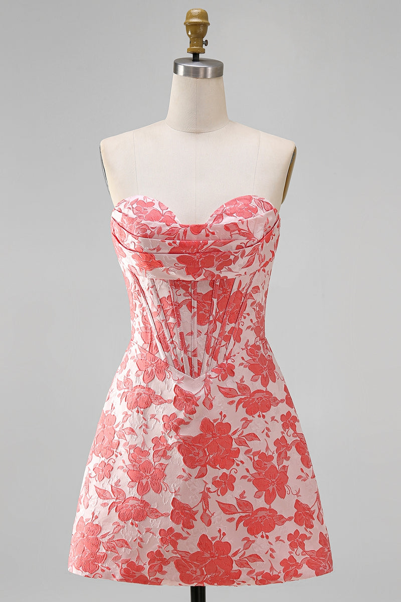 Laden Sie das Bild in den Galerie-Viewer, Sweetheart Rotes Korsett Bodycon Blumen Gerafftes Kurzes Abendkleid