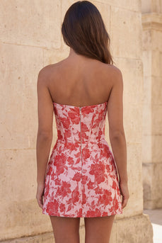 Sweetheart Rotes Korsett Bodycon Blumen Gerafftes Kurzes Abendkleid