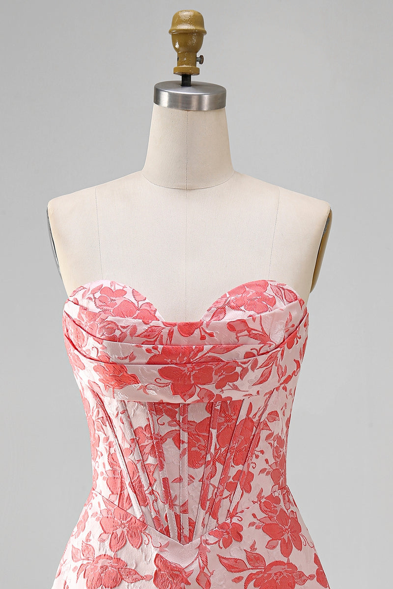 Laden Sie das Bild in den Galerie-Viewer, Sweetheart Rotes Korsett Bodycon Blumen Gerafftes Kurzes Abendkleid