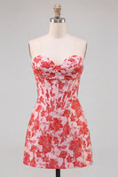 Laden Sie das Bild in den Galerie-Viewer, Sweetheart Rotes Korsett, Bodycon Blumen, gerafftes kurzes Homecoming-Kleid