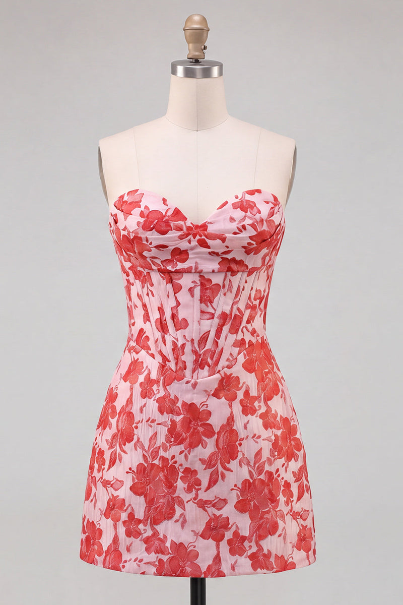 Laden Sie das Bild in den Galerie-Viewer, Sweetheart Rotes Korsett, Bodycon Blumen, gerafftes kurzes Homecoming-Kleid