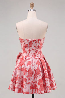Rotes A-Linie Trägerloses Korsett Jacquard Blumen Kurzes Abendkleid mit Schleife