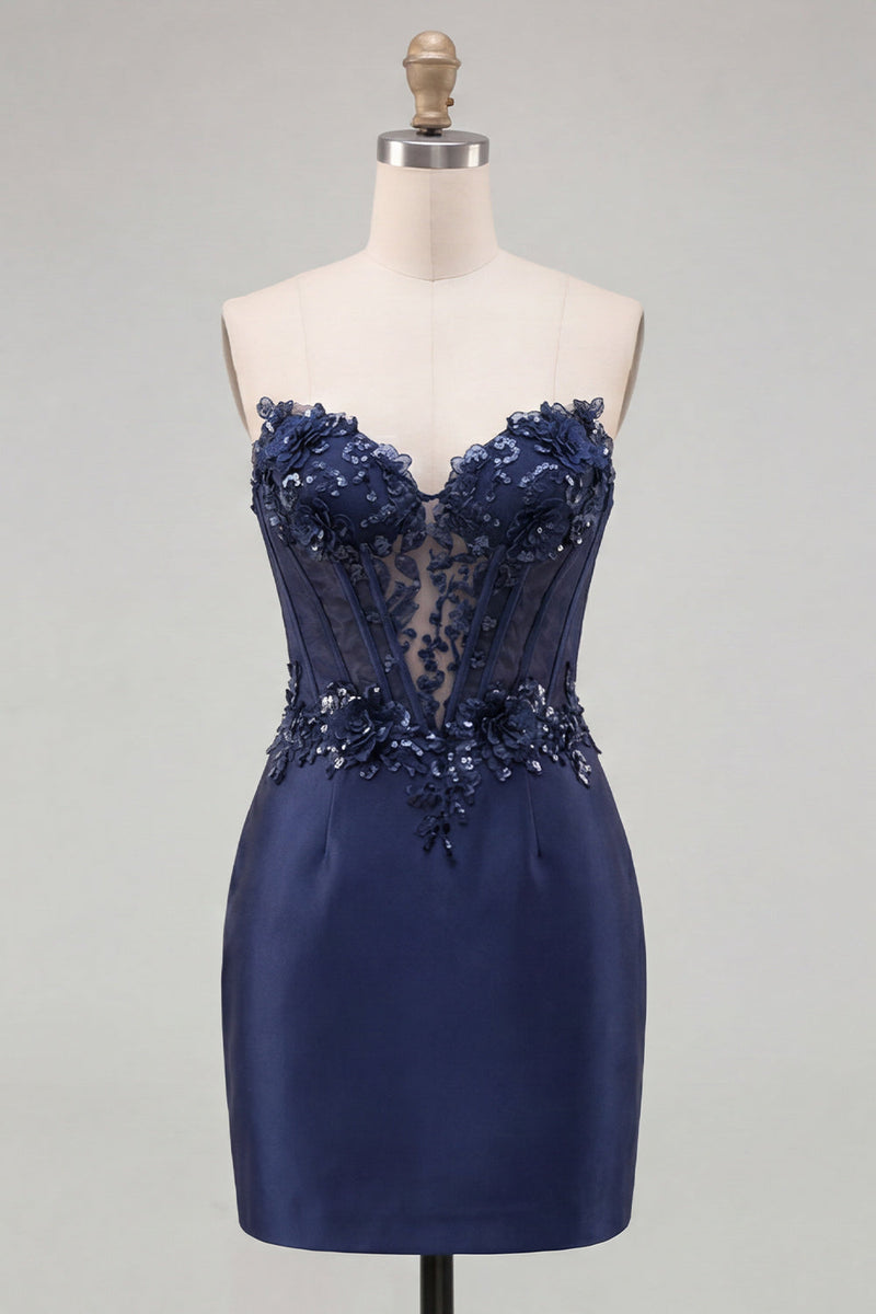 Laden Sie das Bild in den Galerie-Viewer, Marineblaues Sweetheart-Korsett Bodycon Blumenpailletten Satin Kurzes Homecoming-Kleid