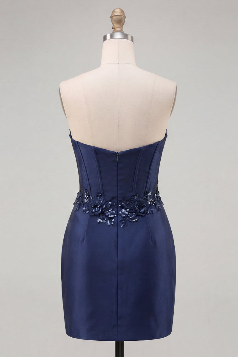 Laden Sie das Bild in den Galerie-Viewer, Marineblaues Sweetheart-Korsett Bodycon Blumenpailletten Satin Kurzes Homecoming-Kleid