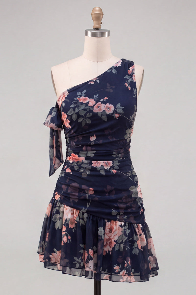Laden Sie das Bild in den Galerie-Viewer, Einschulter-Schwarzes Chiffon-A-Line-Blumen-Homecoming-Kleid mit Rüschen