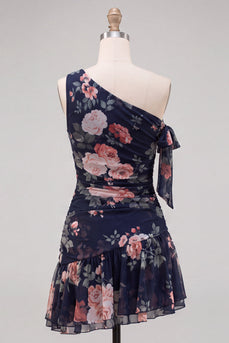 Einschulter Schwarzes Chiffon A-Linie Blumen Kurzes Abendkleid mit Rüschen