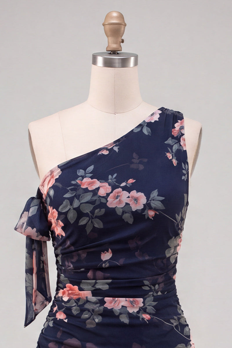 Laden Sie das Bild in den Galerie-Viewer, Einschulter-Schwarzes Chiffon-A-Line-Blumen-Homecoming-Kleid mit Rüschen