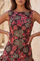 Laden Sie das Bild in den Galerie-Viewer, Rotes blumiges Bateau-Hals, enges Kurzes Homecoming-Kleid mit Rüschen