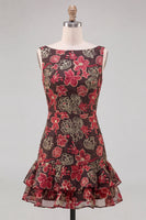 Laden Sie das Bild in den Galerie-Viewer, Rotes blumiges Bateau-Hals, enges Kurzes Homecoming-Kleid mit Rüschen