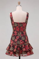 Laden Sie das Bild in den Galerie-Viewer, Rotes blumiges Bateau-Hals, enges Kurzes Homecoming-Kleid mit Rüschen