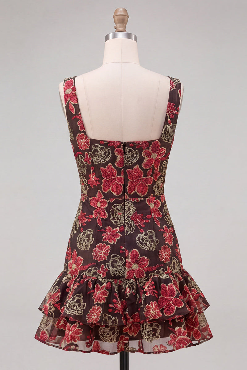 Laden Sie das Bild in den Galerie-Viewer, Rotes blumiges Bateau-Hals, enges Kurzes Homecoming-Kleid mit Rüschen