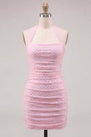Laden Sie das Bild in den Galerie-Viewer, Neckholderhals Pink Bodycon gerafftes kurzes Homecoming-Kleid mit Perlen