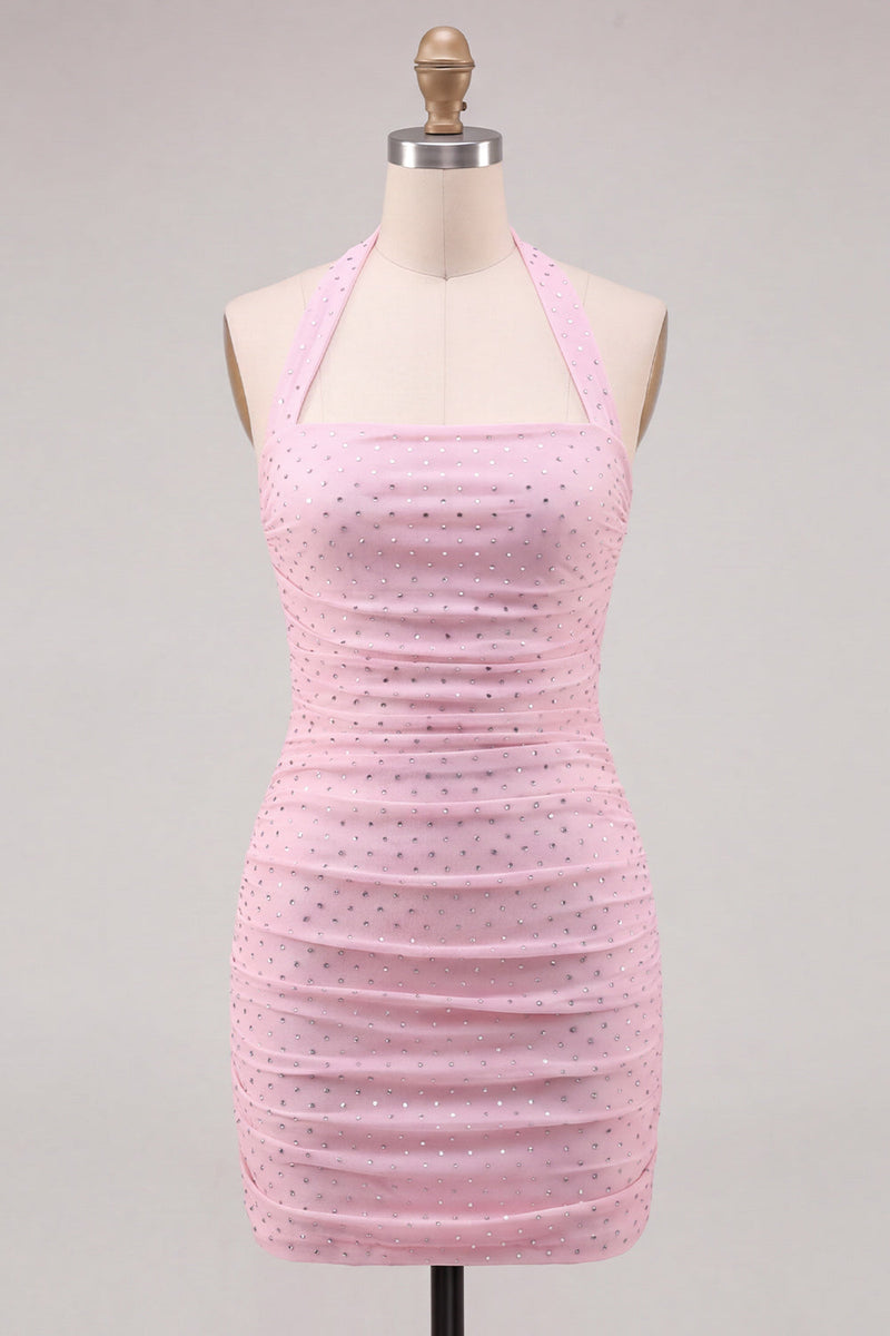 Laden Sie das Bild in den Galerie-Viewer, Neckholderhals Pink Bodycon gerafftes kurzes Homecoming-Kleid mit Perlen