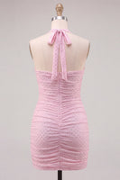 Laden Sie das Bild in den Galerie-Viewer, Neckholderhals Pink Bodycon gerafftes kurzes Homecoming-Kleid mit Perlen