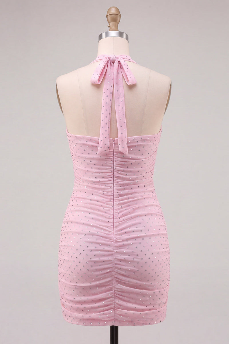 Laden Sie das Bild in den Galerie-Viewer, Neckholderhals Pink Bodycon gerafftes kurzes Homecoming-Kleid mit Perlen