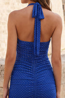 Laden Sie das Bild in den Galerie-Viewer, Neckholderhals Pink Bodycon gerafftes kurzes Homecoming-Kleid mit Perlen