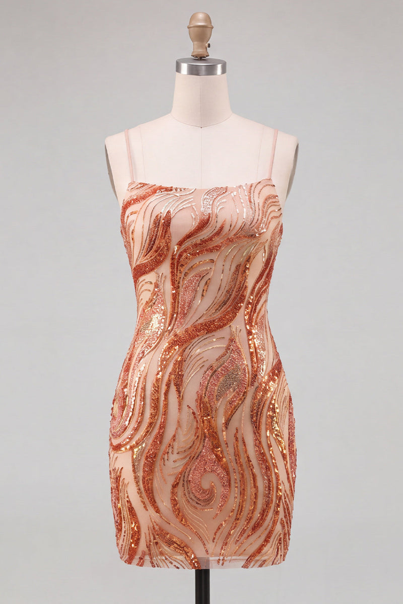 Laden Sie das Bild in den Galerie-Viewer, Orange Bodycon Spaghetti-Träger und Pailletten – kurzes Homecoming-Kleid mit Schnürung auf dem Rücken