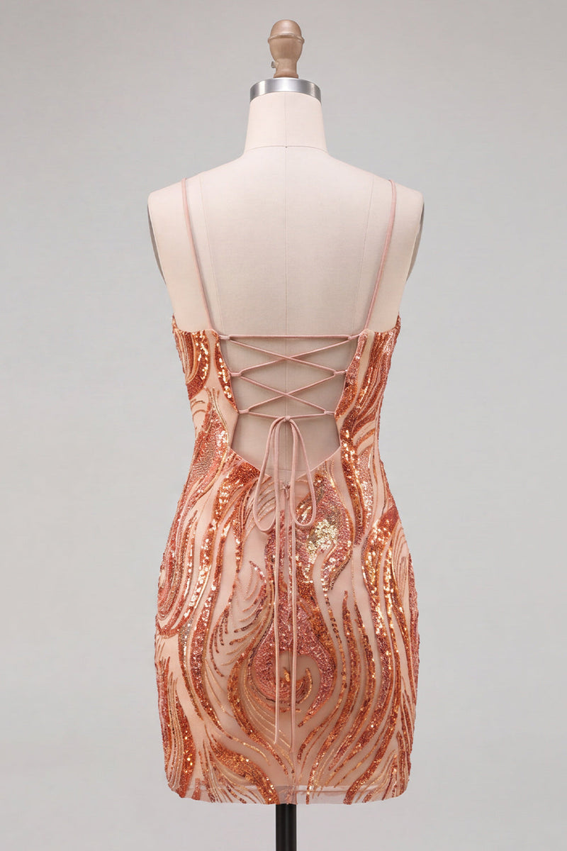 Laden Sie das Bild in den Galerie-Viewer, Orange Bodycon Spaghetti-Träger und Pailletten – kurzes Homecoming-Kleid mit Schnürung auf dem Rücken