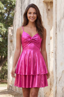Laden Sie das Bild in den Galerie-Viewer, Gold A-Line Metallic-Träger mit spaghettifarbenen Kurzzeit-Homecoming-Kleid