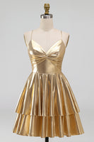Laden Sie das Bild in den Galerie-Viewer, Gold A-Line Metallic-Träger mit spaghettifarbenen Kurzes Abendkleid