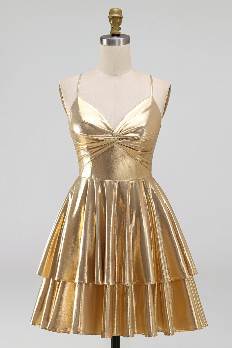 Laden Sie das Bild in den Galerie-Viewer, Gold A-Line Metallic-Träger mit spaghettifarbenen Kurzes Abendkleid