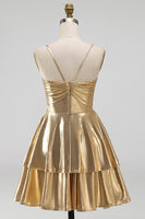 Laden Sie das Bild in den Galerie-Viewer, Gold A-Line Metallic-Träger mit spaghettifarbenen Kurzes Abendkleid